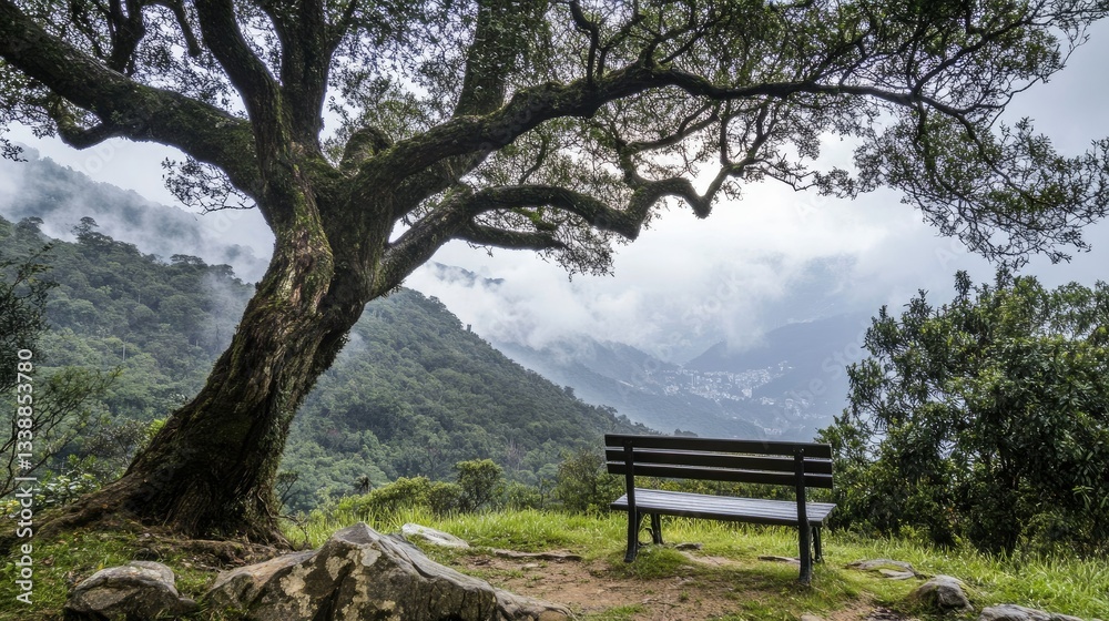 Tranquil Landscape with Bench Under a Tree in Serene Nature Setting Tranquil Landscape with Bench Under a Tree in Serene Nature Setting