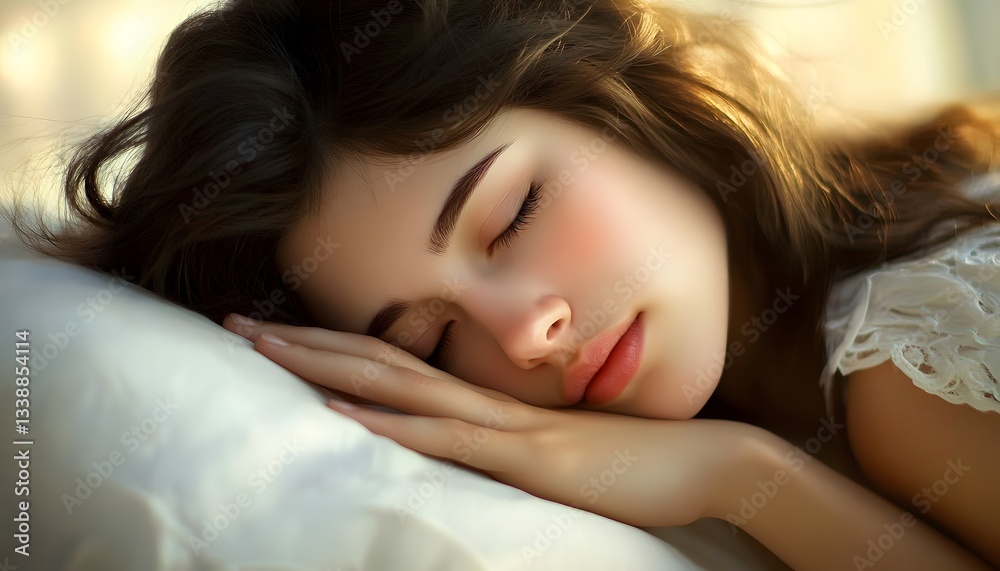 Serene Young Woman Resting Peacefully on Soft Pillow Serene Young Woman Resting Peacefully on Soft Pillow
