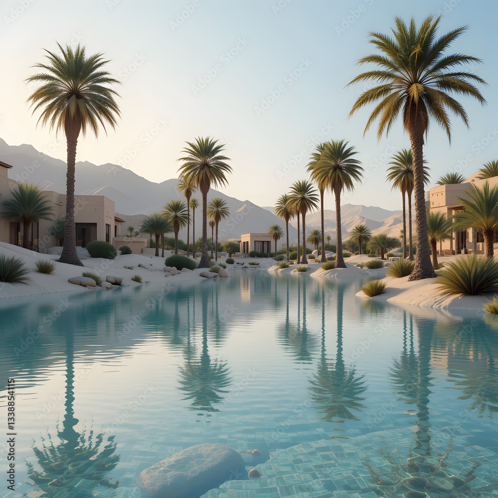 Obraz premium Serene Desert Oasis with Crystal Blue Water Surrounded by Exotic Palm Trees