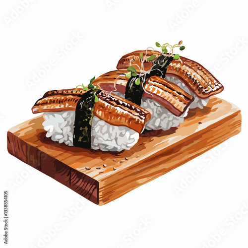 Watercolor Unagi Nigiri - Japanese Eel Sushi on Wooden Board