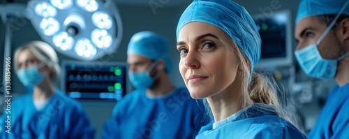 Within the sterile confines of the ultra-modern smart hospital, AI-powered robotic surgeons meticulously orchestrate a complex precision surgery Medical personnel clad in high-tech uniforms stand by