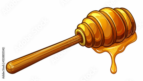 A wooden honey dipper coated in rich honey rests on a clean transparent background, showcasing its natural texture and color, Wooden honey dipper with