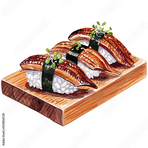 Watercolor Unagi Nigiri - Japanese Eel Sushi on Wooden Board