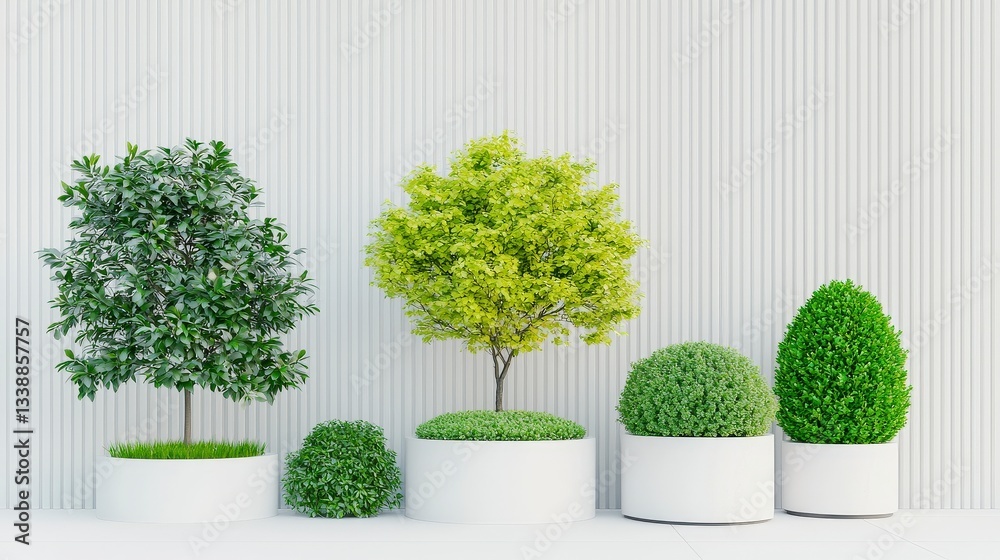 Fototapeta premium Botanical Harmony: A meticulously arranged collection of potted plants showcases a variety of textures and shades of green, bringing a touch of nature's elegance into a structured display.