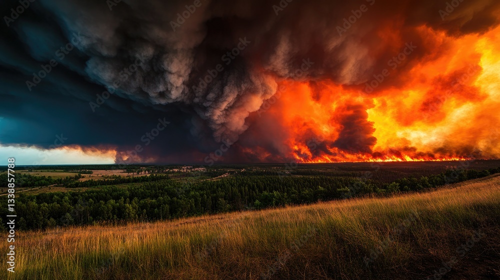 Fototapeta premium Dramatic Sunset Over Wildfire in a Forest Landscape