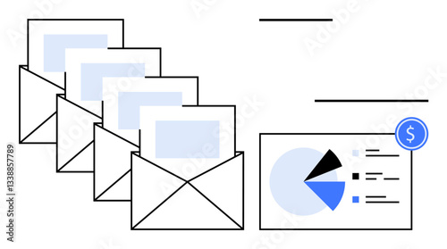 Envelopes containing letters beside a financial report with pie chart and cost analysis. Ideal for marketing, communication, data analysis, finance, business strategy, email campaigns, customer