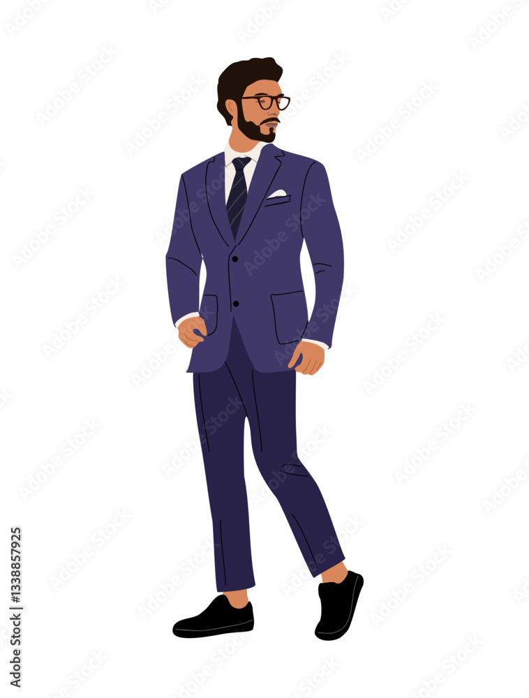 Obraz premium Businessman character in formal or black tie outfit. Stylish handsome bearded guy wearing formal suit and glasses. Hand drawn vector realistic illustration isolated on white background.