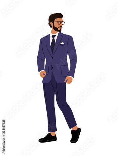 Businessman character in formal or black tie outfit. Stylish handsome bearded guy wearing formal suit and glasses. Hand drawn vector realistic illustration isolated on white background.