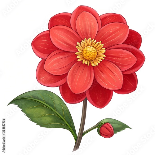 Bright Red Cartoon Flower Clipart with Yellow Center on a White Background