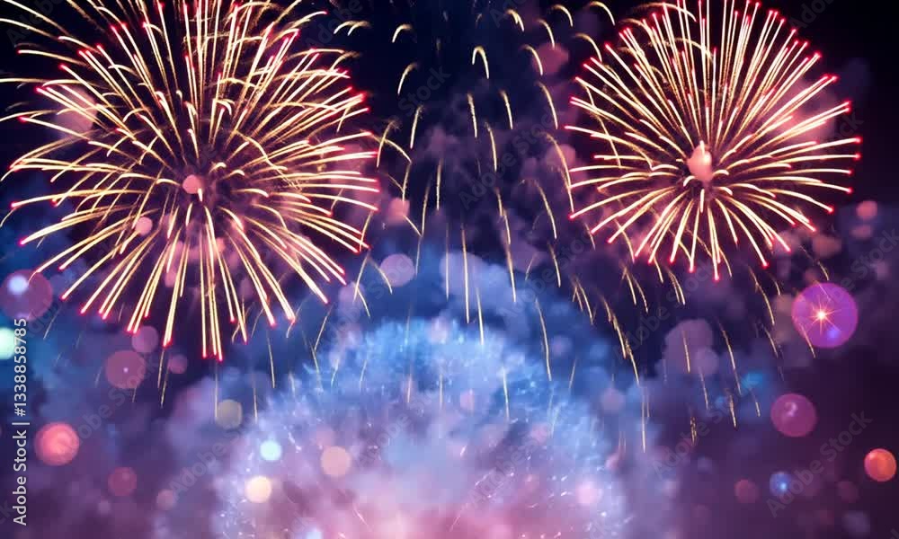 Colorful fireworks exploding in the dark blue night sky, illuminating the cityscape with bright sparks of celebration. Festive atmosphere concept