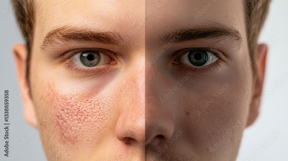 Fototapeta premium Half face showing acne and clear skin.