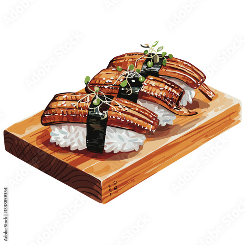 Watercolor Unagi Nigiri - Japanese Eel Sushi on Wooden Board