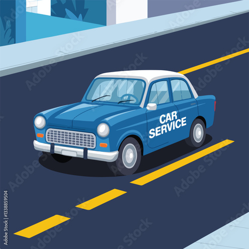 Blue Vintage Car Service Taxi on City Street Illustration.