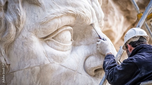 Workers repairing a marble statue.