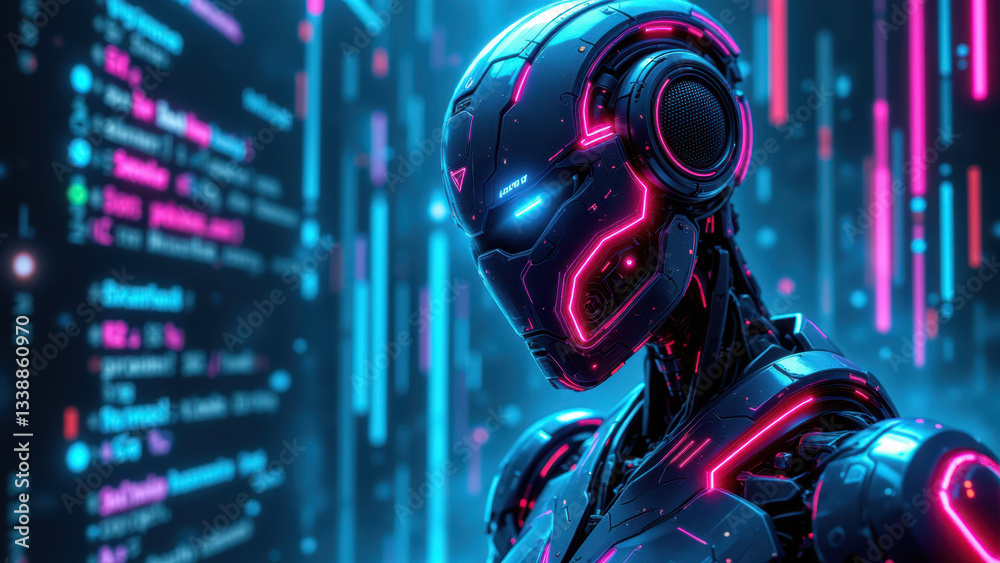 Futuristic robot engineer with a cybernetic interface surrounded by digital code. Futuristic robot engineer with a cybernetic interface surrounded by digital code.