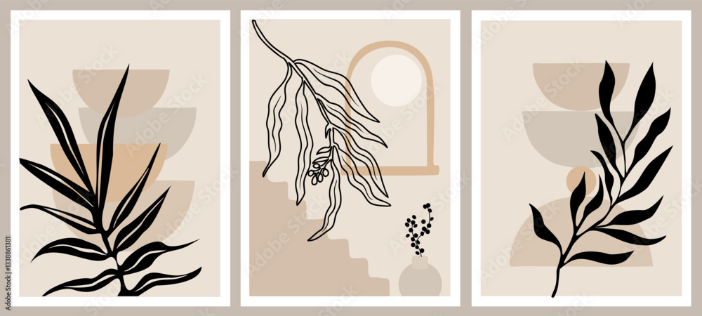 Fototapeta premium Set of Boho aesthetic abstract botanical wall arts. Trendy posters for Scandinavian, japandi interior design in neutral pastel colors. Bohemian collage prints. Mid Century Modern Vector illustrations.
