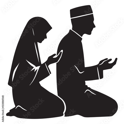 silhouette of a couple pray - illustration of muslim pray together