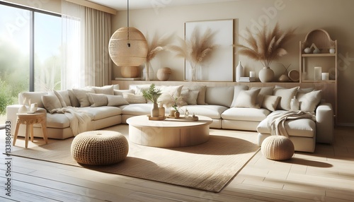 A warm and inviting living room with a bohemian aesthetic, featuring a large sectional sofa, woven textures, and natural elements.