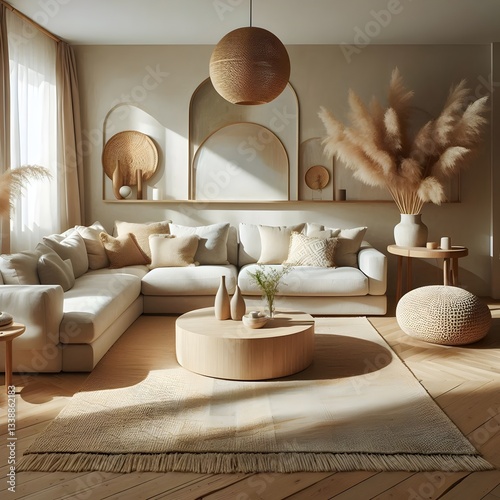 A warm and inviting living room with a bohemian aesthetic, featuring a large sectional sofa, woven textures, and natural elements.