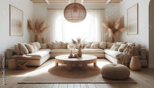 A warm and inviting living room with a bohemian aesthetic, featuring a large sectional sofa, woven textures, and natural elements.