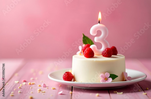 3 Year. Birthday Anniversary Sweet Cake. an anniversary greeting card or banner. Greeting Card, Banner with Burning Birthday Party Candle, Number, Flame. Design for Birthday Concept.