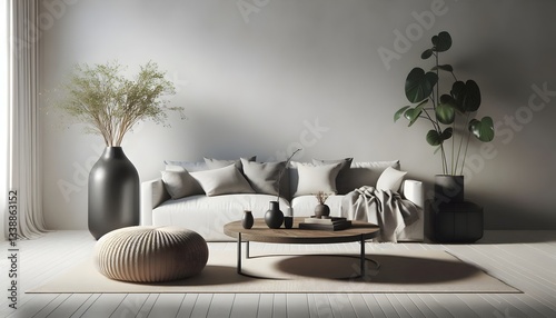 A warm and inviting living room with a bohemian aesthetic, featuring a large sectional sofa, woven textures, and natural elements.