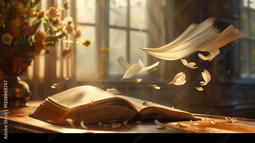 Fototapeta premium A magical scene featuring an open book with pages fluttering in the air, surrounded by petals and warm sunlight illuminating a cozy reading nook, inspiring imagination and creativi