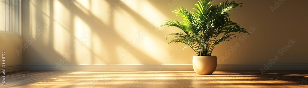 A single houseplant placed in an empty sunlit room A single houseplant placed in an empty sunlit room