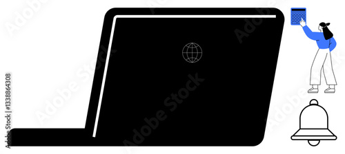 Woman placing a date on a calendar beside a laptop and notification bell. Ideal for scheduling, reminders, organizational tools, online planning, productivity, calendar management, and workflow