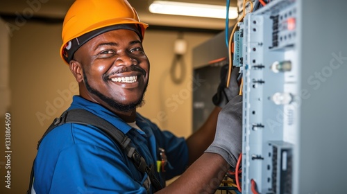 Building: Construction, Electrician Smiles doing his job, repairs, Safety of the Environment wearing helmets	