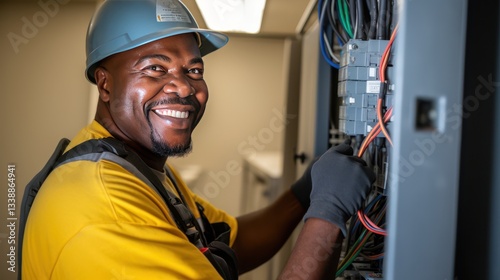 Building: Construction, Electrician Smiles doing his job, repairs, Safety of the Environment wearing helmets	