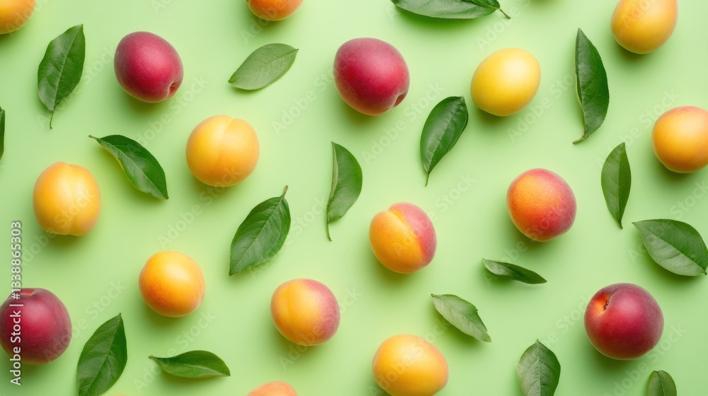 Fresh Apricots and Leaves on a Green Background Fresh Apricots and Leaves on a Green Background