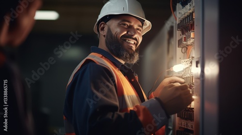 Building: Construction, Electrician Smiles doing his job, repairs, Safety of the Environment wearing helmets	