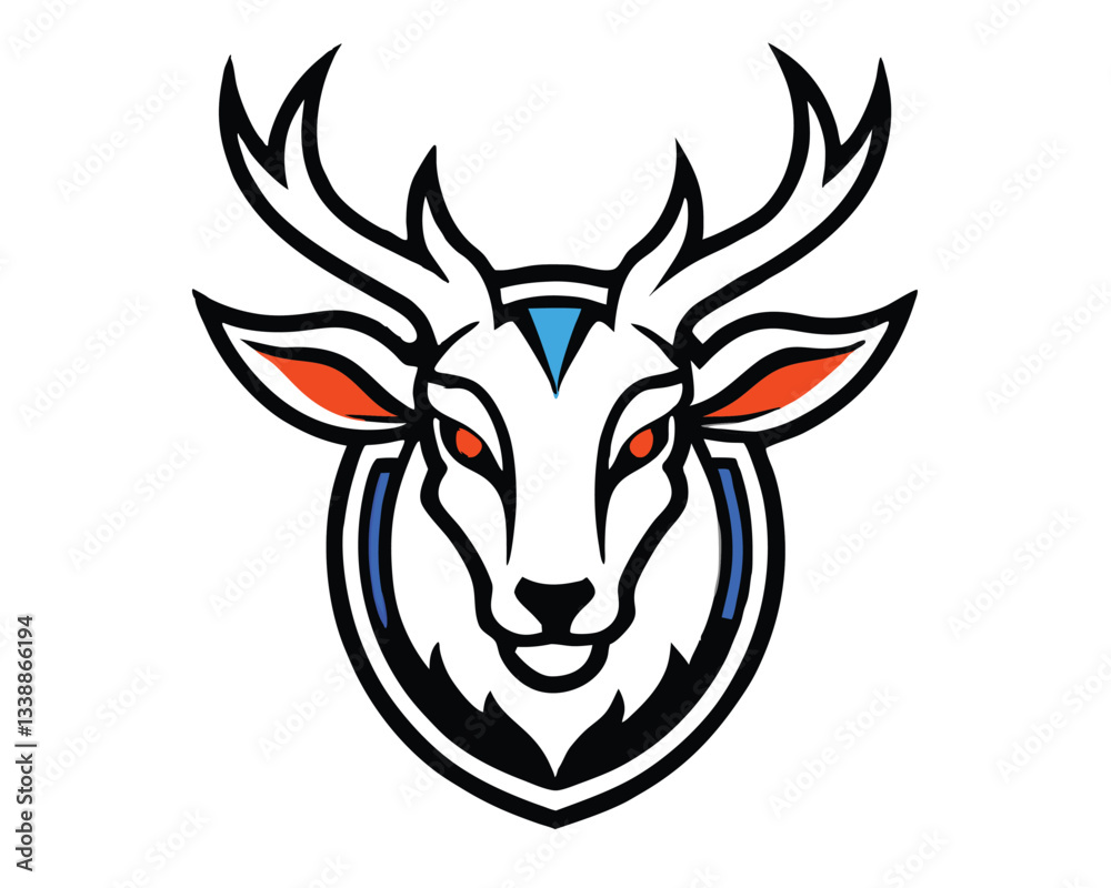 Fototapeta premium A stylized logo with in blue, white, red, and orange. The orange color is used for the stylized Elk head. The Elk head has its eyes closed and its mouth open. The background is black.