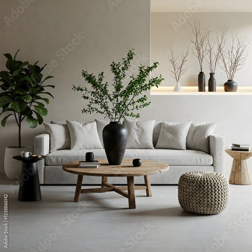 A warm and inviting living room with a bohemian aesthetic, featuring a large sectional sofa, woven textures, and natural elements.