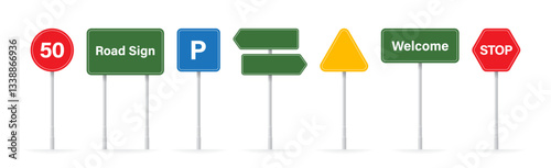 A set of colourful road signs with various shapes and texts, including directional, speed limit, and parking signs. Ideal for navigation, transportation, and traffic. Vector illustration 