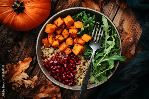 Healthy roasted pumpkin and quinoa salad with pomegranate and fresh greens – top-down view.