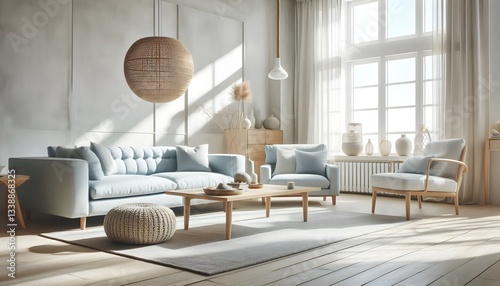 A warm and inviting living room with a bohemian aesthetic, featuring a large sectional sofa, woven textures, and natural elements.