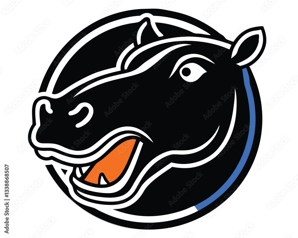 A stylized logo with in blue, white, red, and orange. The orange color is used for the stylized Hippopotamus head. The Hippopotamus head has its eyes closed and its mouth open. The background is black A stylized logo with in blue, white, red, and orange. The orange color is used for the stylized Hippopotamus head. The Hippopotamus head has its eyes closed and its mouth open. The background is black