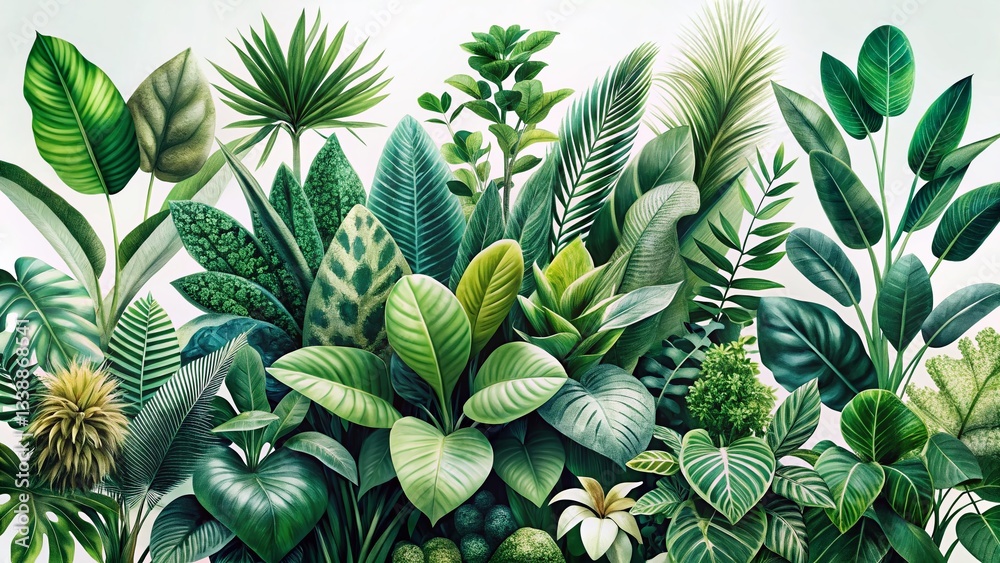 Obraz premium Panoramic Modern Plant Print Collage Design, Botanical Wall Art, Nature Decor, Green Leaves, Floral Pattern