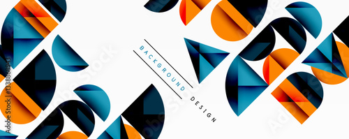 Abstract geometric background with layered gradient shapes forming dynamic patterns. Overlapping semi circles and triangles create depth and contrast