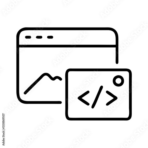 Line art illustration of a web browser with code snippet  