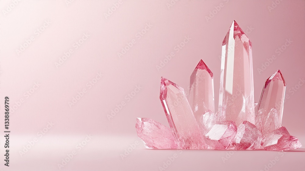 Rose Quartz Cluster: A stunning cluster of shimmering rose quartz crystals, their delicate pink hues contrasting gently against a soft, minimalist backdrop. Rose Quartz Cluster: A stunning cluster of shimmering rose quartz crystals, their delicate pink hues contrasting gently against a soft, minimalist backdrop.