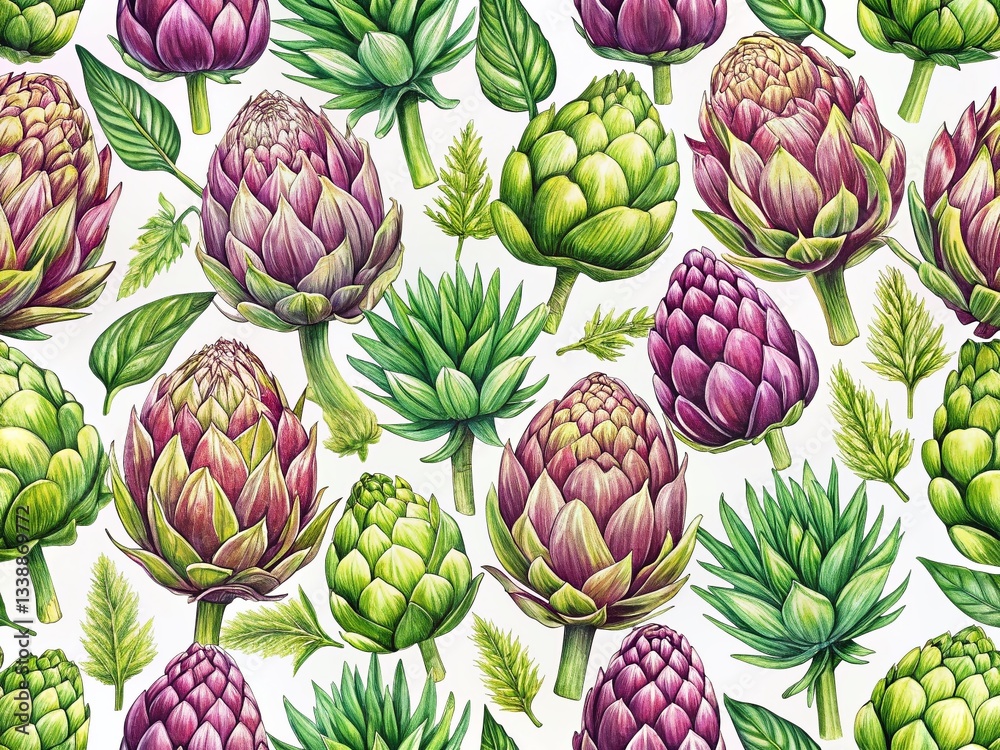 Fototapeta premium Panoramic Hand-Drawn Artichoke Pattern: Vibrant Vegetable Background for Design