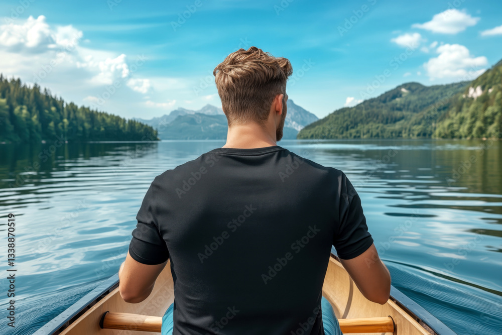 Fototapeta premium Young man wearing short sleeve black tee is paddling canoe on calm lake. Men's regular fit сrewneck t-shirt mockup, back side view. Holiday, vacation outdoors lifestyle basic tee template