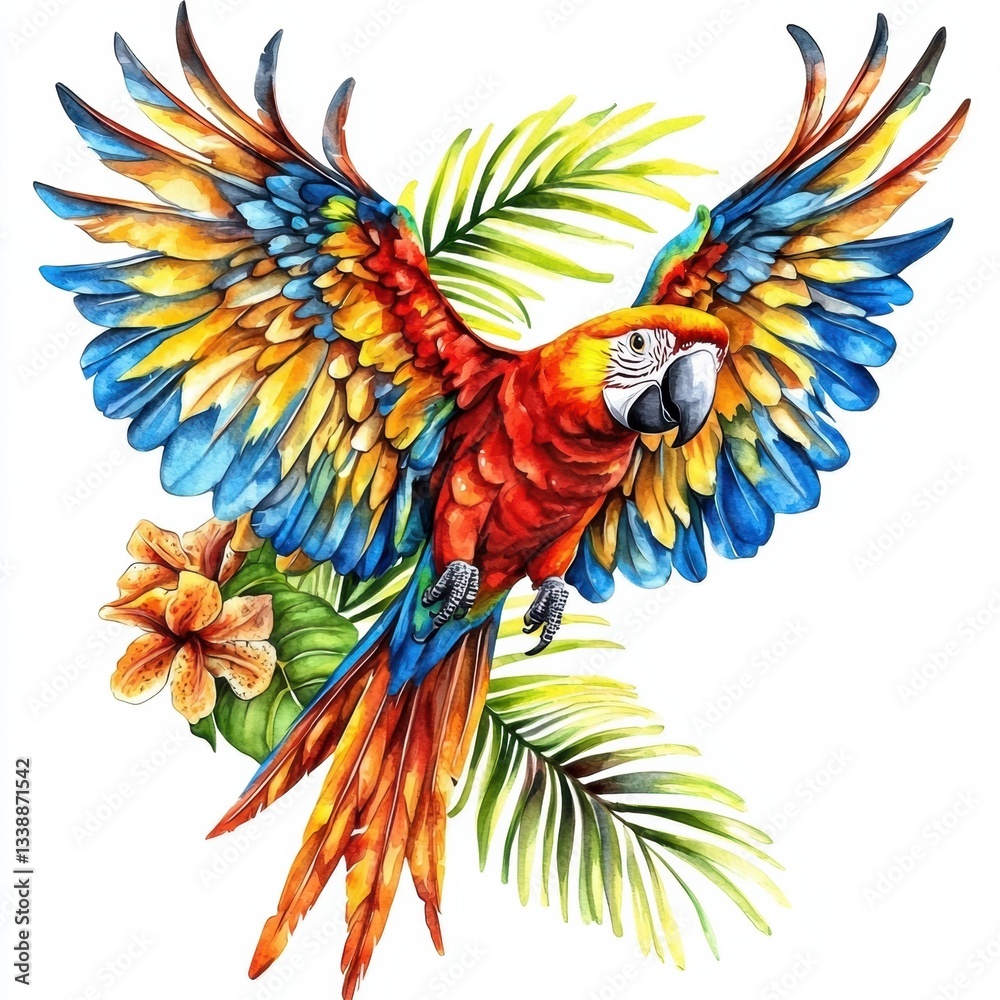 Obraz premium Watercolor parrot flying happily amidst tropical leaves and flowers.