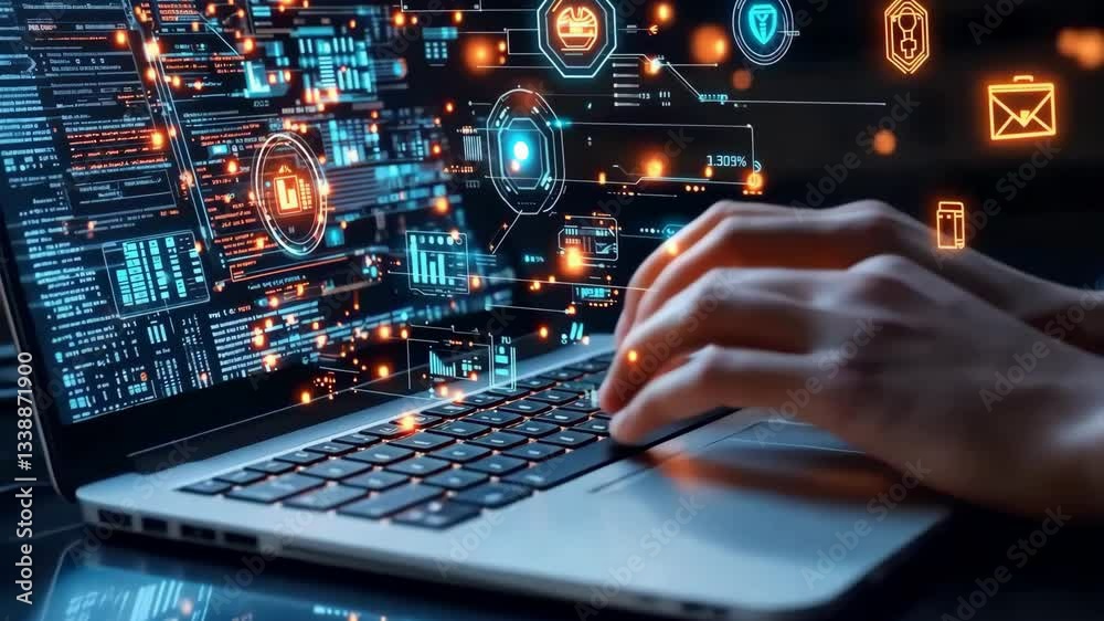 A close-up of hands typing on a laptop amidst a vibrant digital interface displaying various business-related icons and data analytics, symbolizing the fusion of technology and business. A close-up of hands typing on a laptop amidst a vibrant digital interface displaying various business-related icons and data analytics, symbolizing the fusion of technology and business.