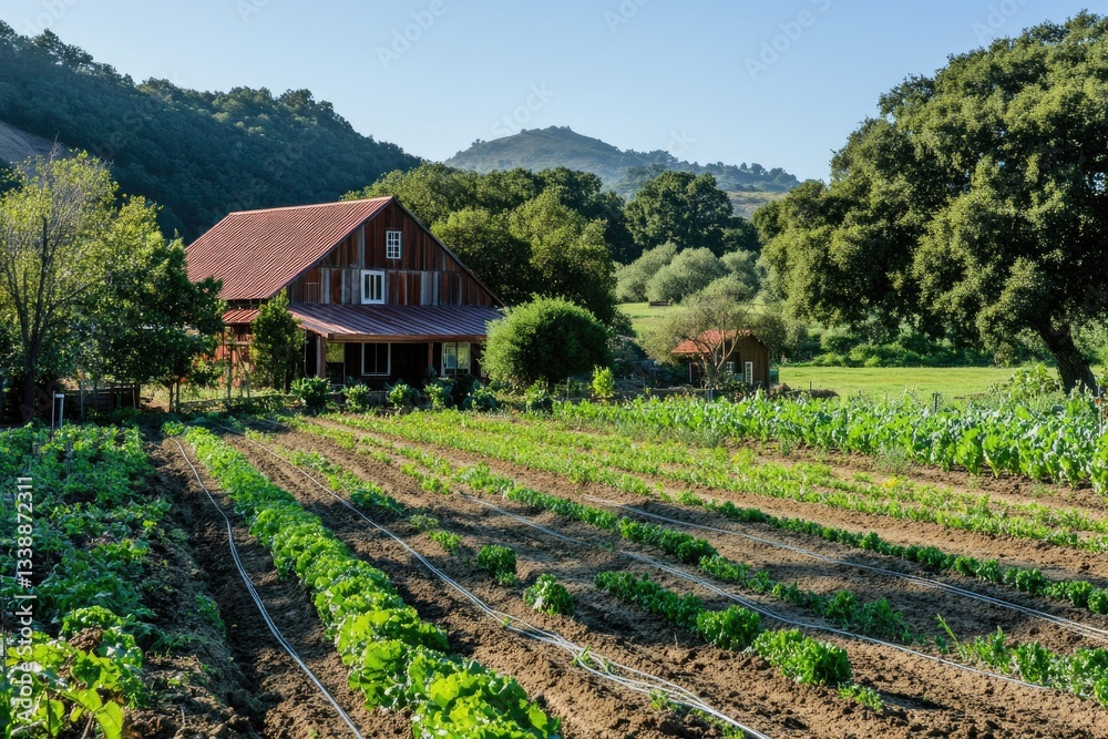 A drip irrigation system watering rows of vegetables on a regenerative farm