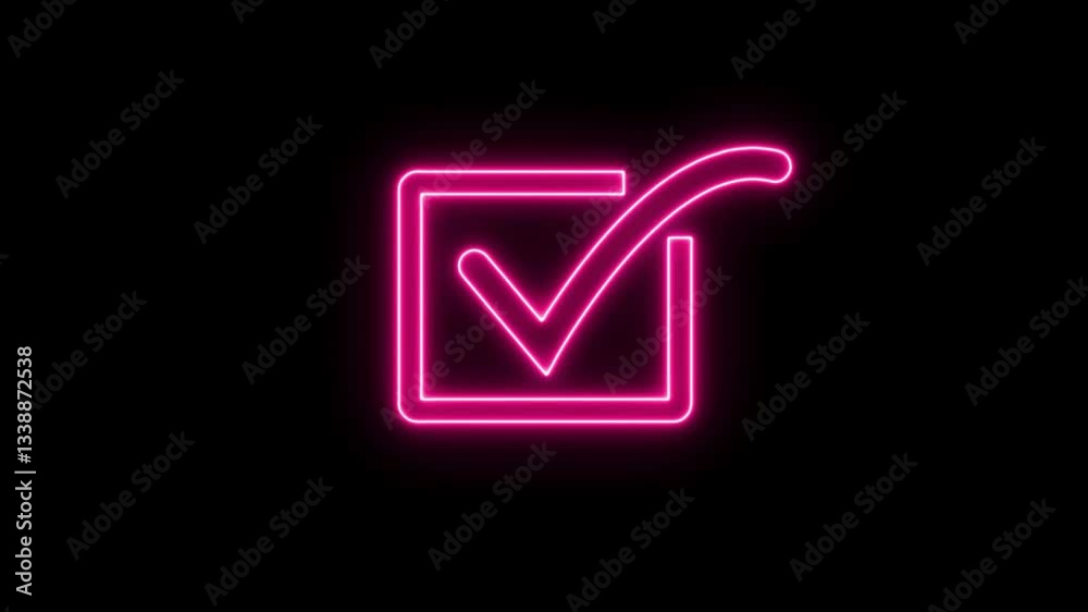 voting check mark neon bright magenta red color animation. Abstract Check mark icon rectangle frame animation. Right mark icon black background 4k video. voting check mark neon bright magenta red color animation. Abstract Check mark icon rectangle frame animation. Right mark icon black background 4k video.