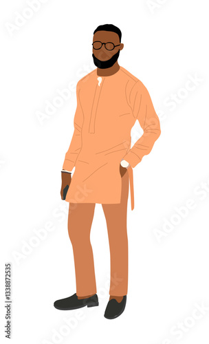 African man character standing in traditional formal outfit. Stylish handsome black guy wearing wedding  orange male attire. Hand drawn vector cartoon illustration isolated on white background.